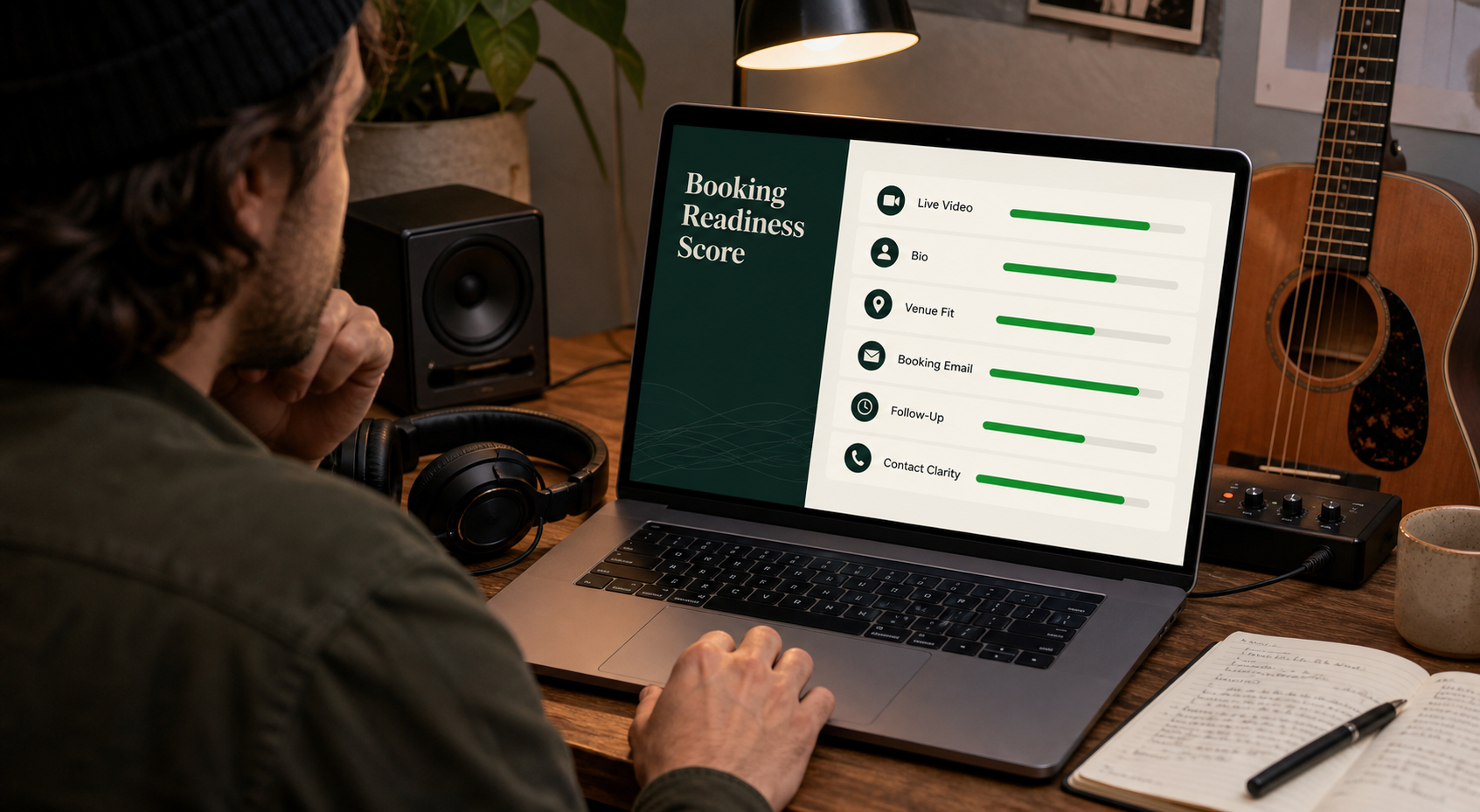 Musician reviewing a booking readiness score dashboard