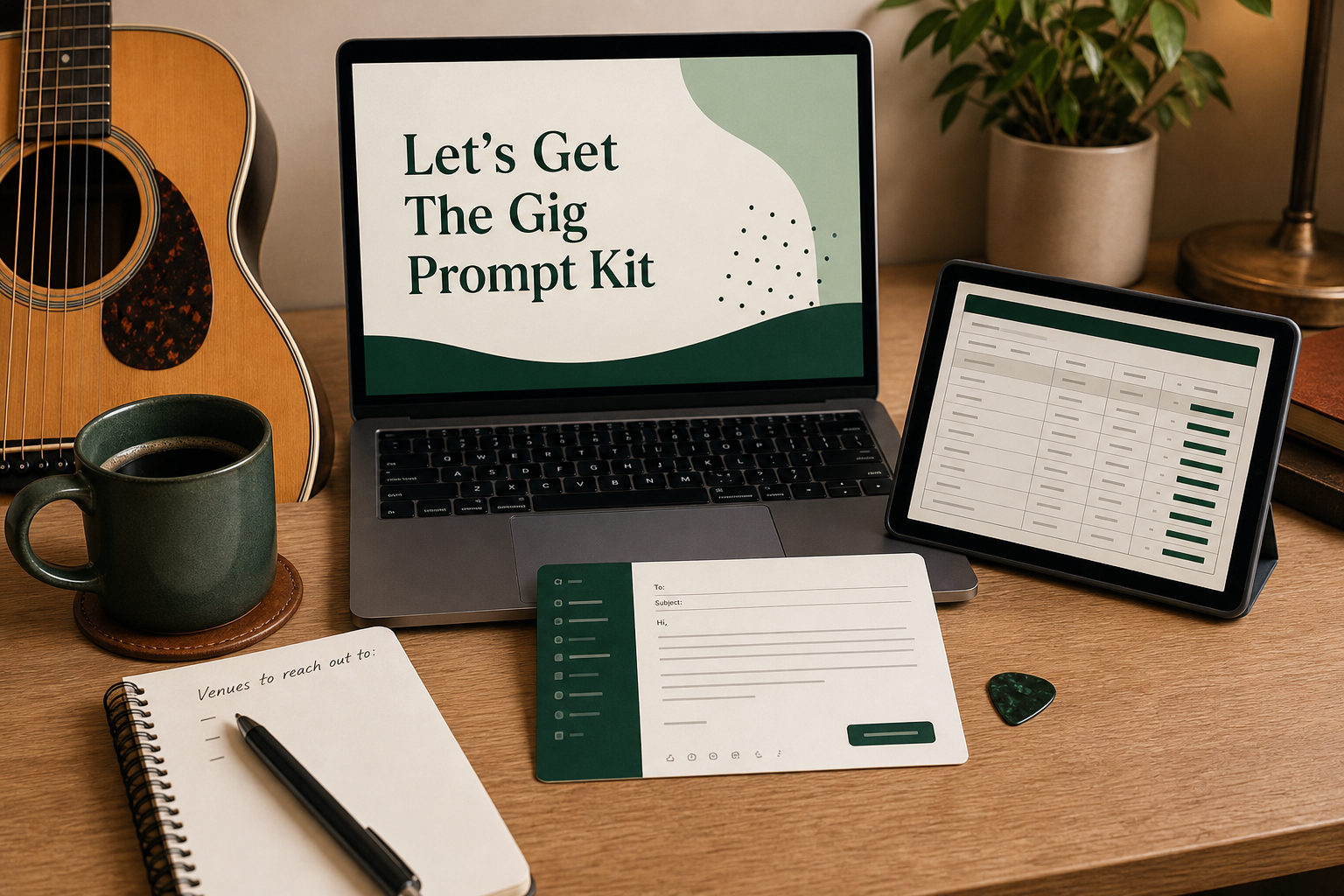 Prompt kit, venue tracker, and booking email card arranged on a musician desk