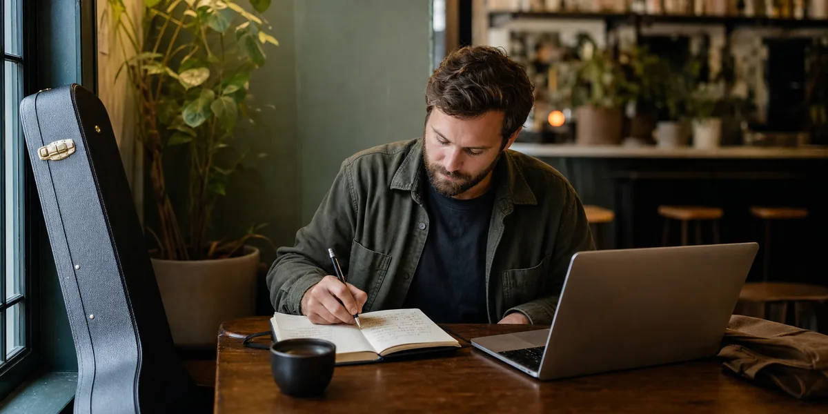 Working local musician organizing booking outreach at a cafe table after a gig