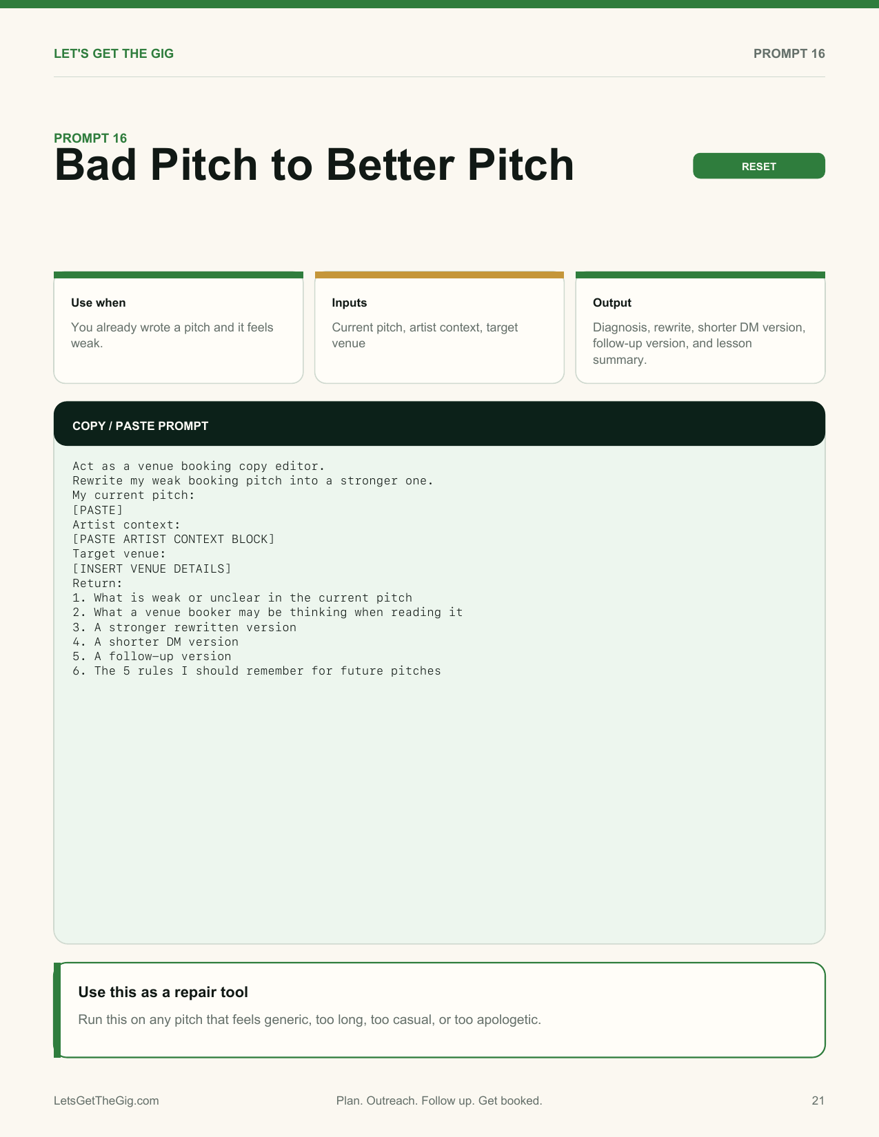Actual Bad Pitch to Better Pitch prompt page from the workbook