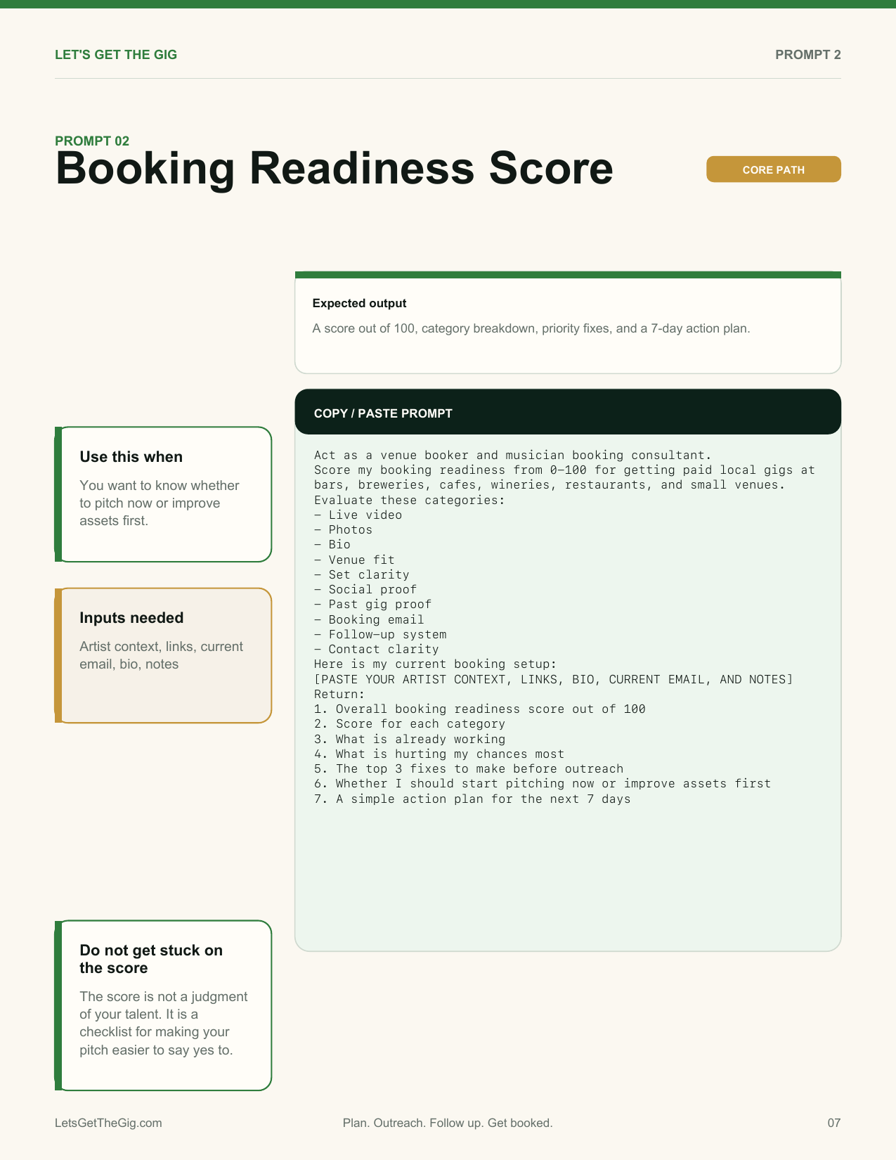 Actual Booking Readiness Score prompt page from the workbook
