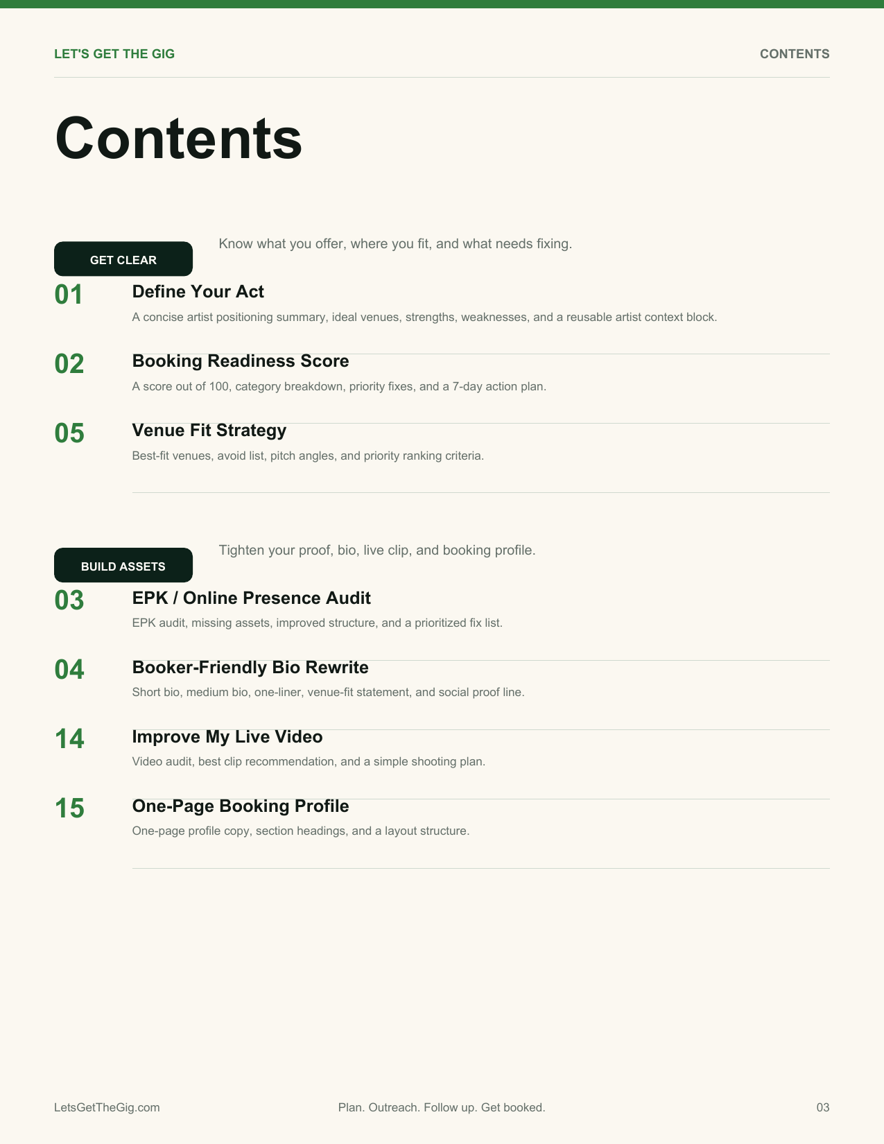 Actual contents page showing Define Your Act, Booking Readiness, Venue Fit, EPK, bio, live-video, and booking-profile prompts