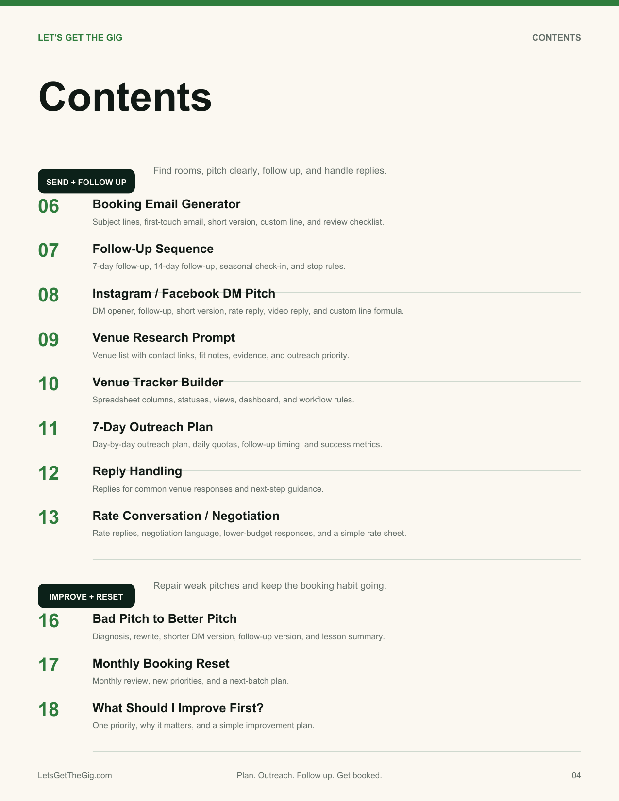 Actual contents page showing the outreach, tracking, reply, negotiation, improvement, and reset prompts