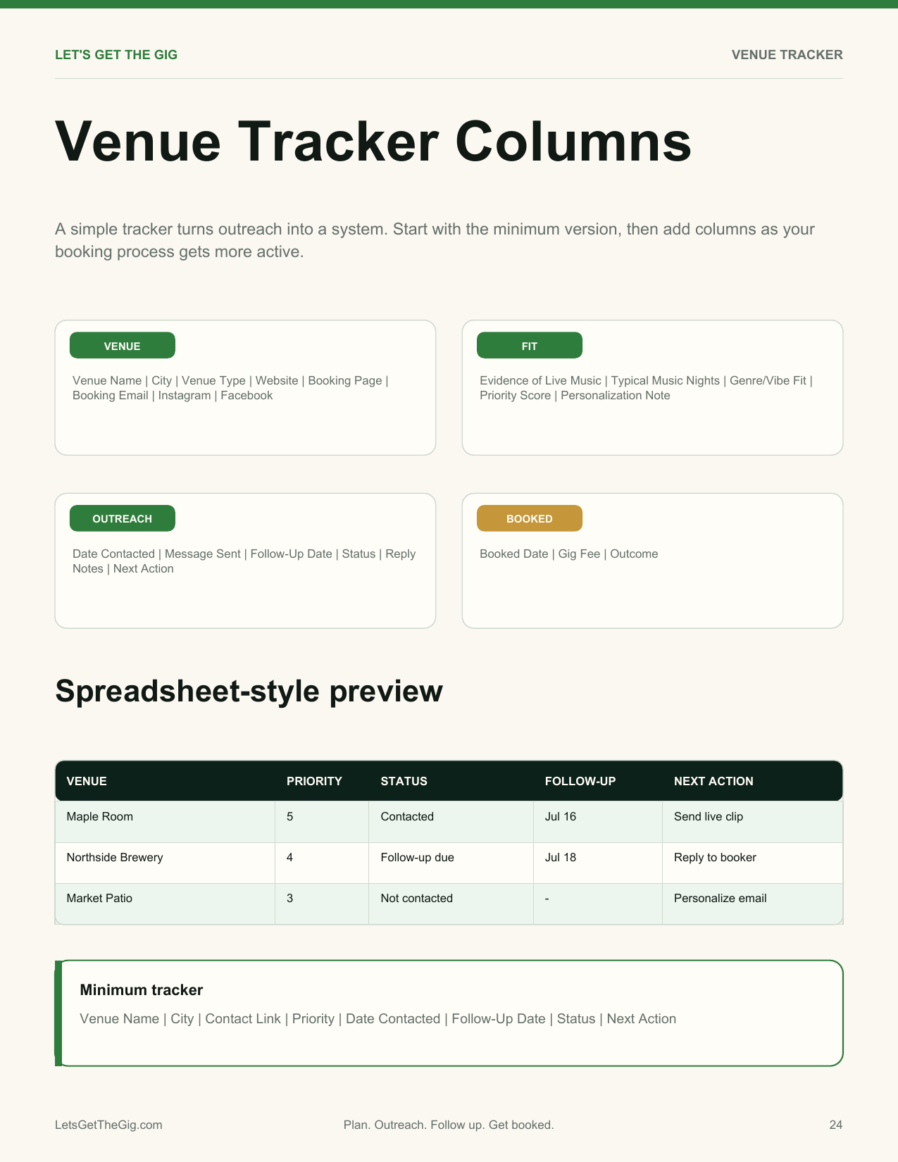 Actual spreadsheet-style venue tracker preview included in the workbook