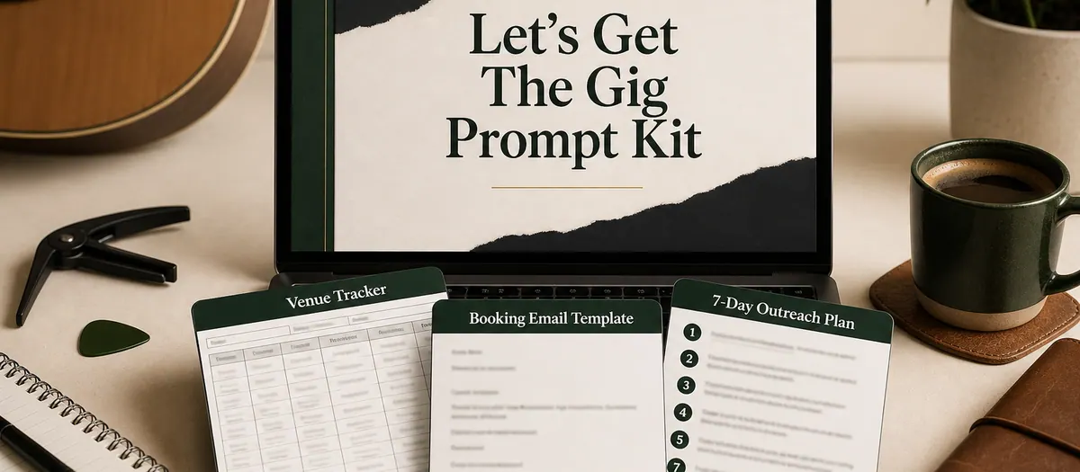 Local Gig Booking Kit prompts, venue tracker, email template, and outreach plan