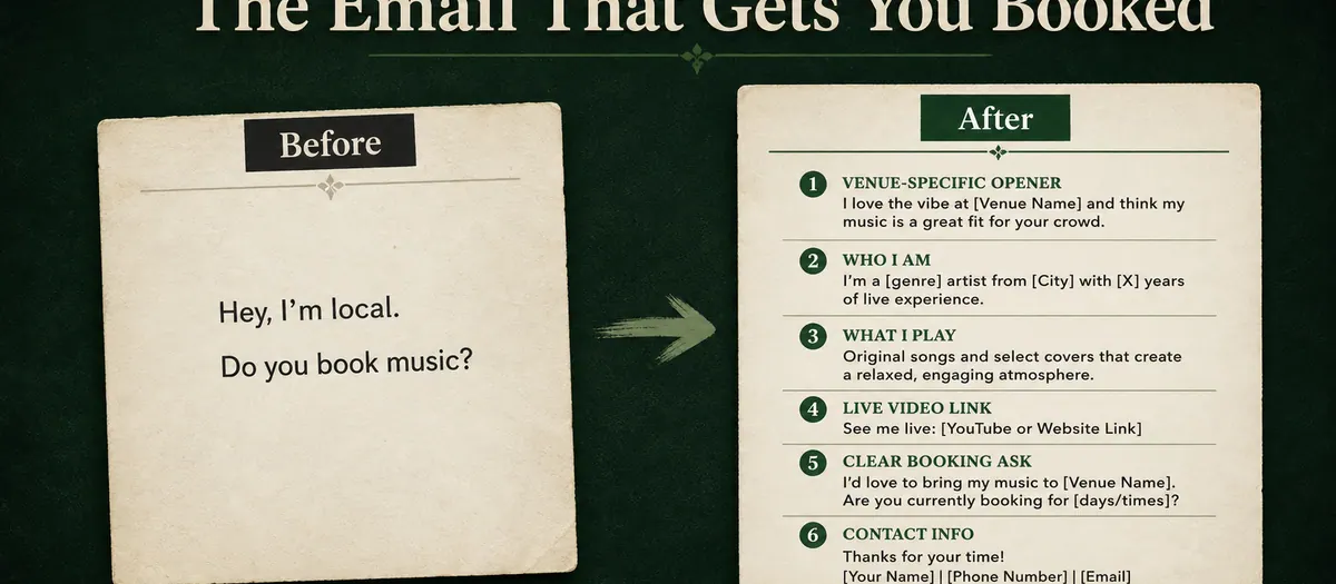 Before and after example of a clearer musician booking email