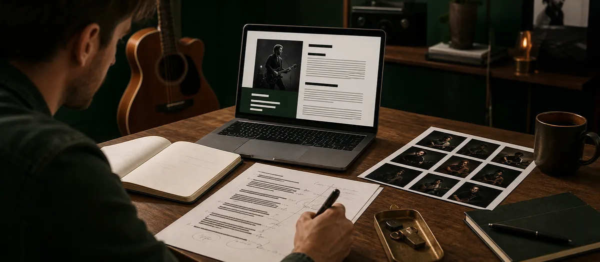 Musician editing a rough artist biography into a clear venue-ready profile