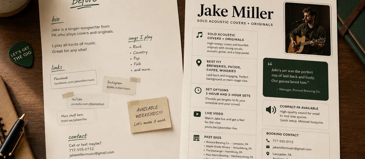 Before and after example of a clearer musician booking profile