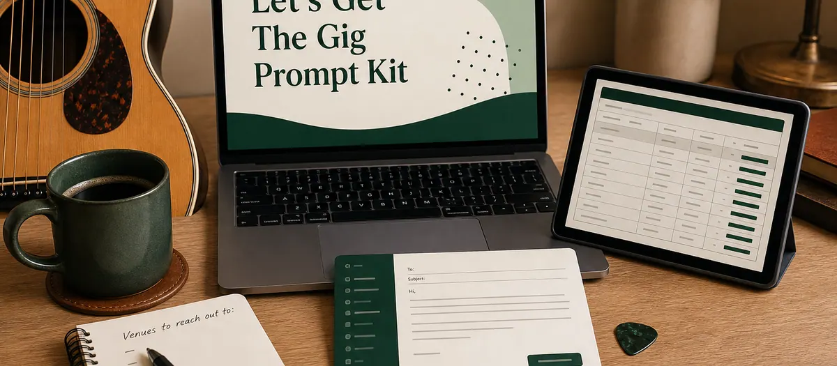 Booking email and venue tracker arranged on a musician's desk